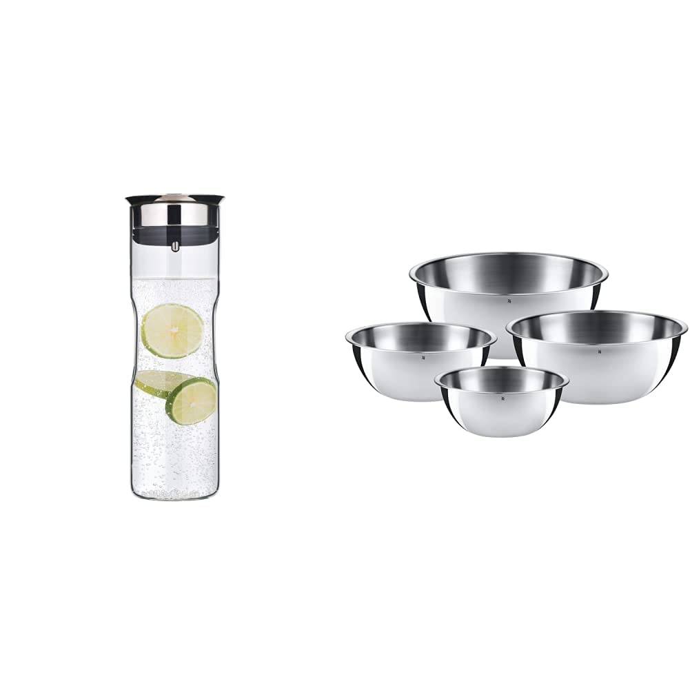 WMF Motion Wasserkaraffe 1,25l, Höhe 29 cm, Glas-Karaffe, Silikondeckel, spülmaschinengeeignet & Gourmet Schüsselset 4-teilig, Edelstahl Schüsseln für die Küche 0,75l - 2,75l, Cromargan, stapelbar