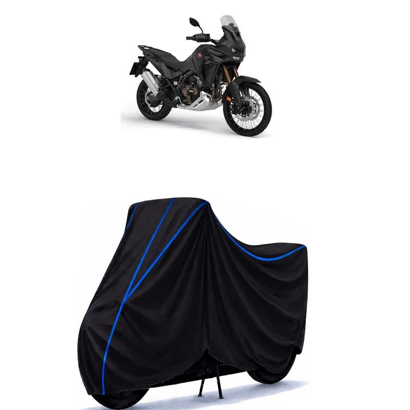 Image of Africa Twin Manual Bike Cover Water Resistant Universal Motorcycle Rain | Heavy Duty UV Protection, Dust, Scratch Indoor Outdoor All Weather with Black Blue Piping Elastic