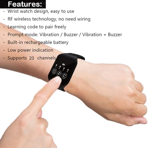 Wireless Calling System, 2 receptores de reloj y 1 transmisor, tecnología inalámbrica 98 canales, con modos de alerta vibración y zumbador, resistente al agua IPX4 miniatura 4