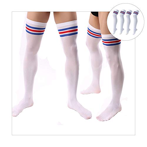 Wixine 2Pairs/4Pcs Red & Blue Stripes Men Soccer Thigh Stocks High Stockings Velvet Sport Striped Long Socks (Red & Blue)