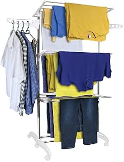 Hyfive Clothes Airer Drying Rack Extra Large 3 Tier Clothes Drying Rail Stainless Steel Folds Flat For Easy Storage