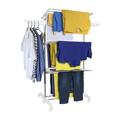 Hyfive Clothes Airer Drying Rack Extra Large 3 Tier Clothes Drying Rail Stainless Steel Folds Flat For Easy Storage Cover