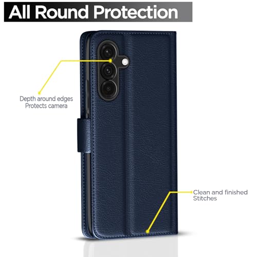 Image of Pikkme Flip Cover Leather Finish | Inside TPU with Card Pockets | Wallet Stand and Shock Proof | Complete Protection Button Flip Case for Samsung Galaxy A56 5G(Blue)
