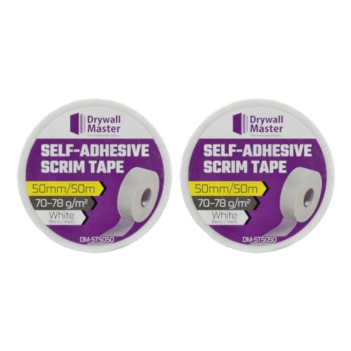 Drywall Master Scrim Tape 50mm x 50m, High Strength Self-Adhesive Fiberglass Mesh Tape For Reinforce Joint Repair, Filling Cracks, Patching Holes, Color White (Pack of 2)