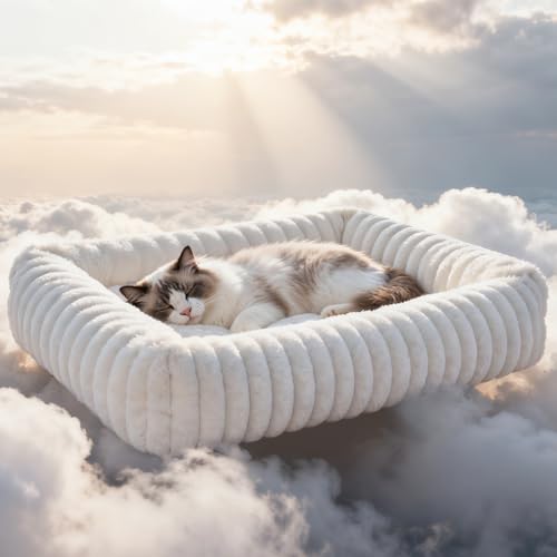 Cat Beds for Indoor Cats, Square Self Warming Cat Bed Orthopedic Pet Bed with Pillow Super Soft Rabbit Fur Small Dog Beds, Calming Plush Kitten Bed with Removable Washable Cover & Anti-Slip Bottom