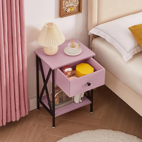 Image of VECELO Nightstand,Modern Bedside End Table, Night Stand with Drawer and Storage Shelf for Living Room Bedroom, Industrial Metal Frame