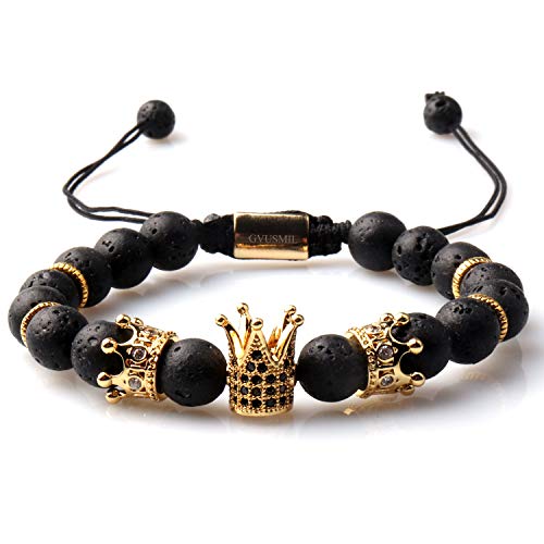 GVUSMIL Imperial Crown Beads Bracelet King&Queen Luxury Charm Couple Natural Gemstone Bead Jewelry for Men (Lava Rock)