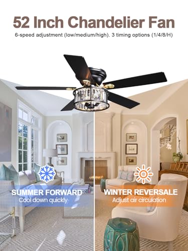 Image of 52 inch Low Profile Flush Mount Crystal Chandelier Fan with Light