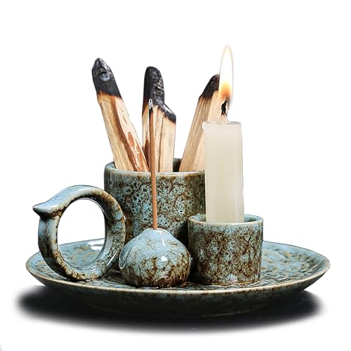 4 in 1 Ceramic Incense Burner Holder with Handle for Burning Sage, Palo Santo Stick, Joss Sticks, Candle in Your New House, Office, Yoga, Meditation Room (Speckled Blue)