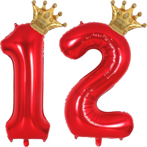 Red 12 Balloon Numbers 40 Inch Giant 12th Birthday Balloons, Helium Mylar Foil Number 12 Balloon for Red and Gold 12th Birthday Party Decorations Supplies for Girls Boys, Crown Balloons