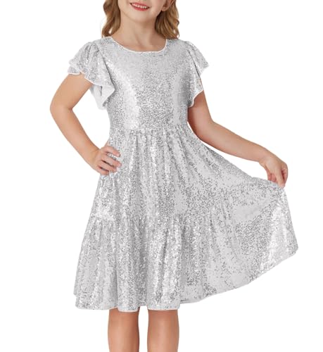 Image of GRACE KARIN Girl Sequin Dress Ruffle Sleeve A-Line Holiday Party Dress 5-12Years