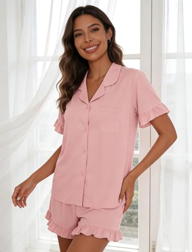 Image of SWOMOG Woman Pajama Set Short Sleeve Pjs Set 2Pcs Short Pajamas Button Down Ruffle Hem Sleepwear Soft Modal Loungewear