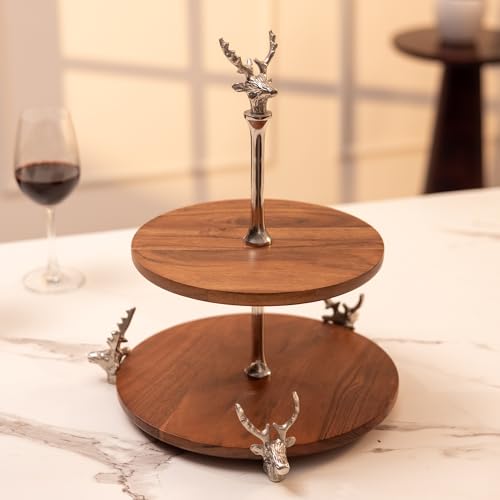 Image of Wildwood Two-tier Cake Stand, Natural & Silver Finish - Cupcake Stand, Desserts, Candy, Fruits, Dry Fruits Plates, Decorative Serving for Wedding, Birthday, Tea Party