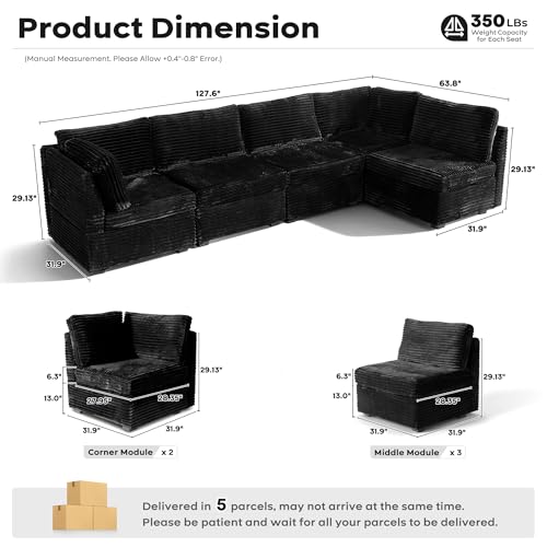 Image of ovios Modular Sectional Sofa Couch with U-Shape Chaise Oversized, Comfy Plush Corduroy Cloud Couches, Modern Luxury Deep Seat Sofas Set for Living Room, 5-Seater, Black