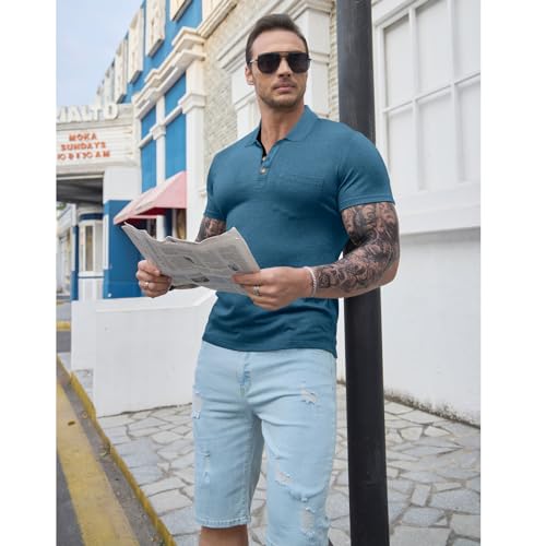 Image of Men's Short Sleeve Polo Shirts Buttons Collared T Shirts with Pocket