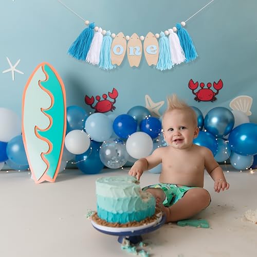 Image of Big One Surf High Chair Banner - Wave 1st Bithday Decorations, Surfing Board Birthday Highchair Banner, Beach First Birthday Tassel Garland