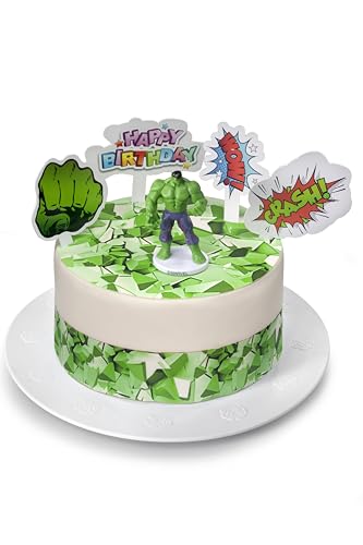 Kardasis Hulk dessus de gâteau avec Figurines | Topper comestible pour gâteaux | Décoration de gâteau pour l'anniversaire à thème | 20cm + 4 bandes 28x4cm + 4...
