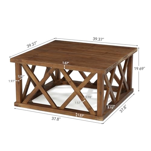 TRIBEWOOD Solid Wood Coffee Table, 39.37-Inch Square Center Table with Reinforced X-Frame & Sturdy Base, Farmhouse Low Cocktail Tea Table for Living Room, Apartment, Office, Easy Assembly, Brown