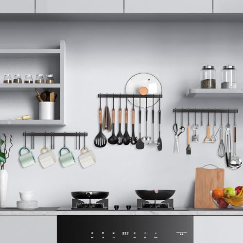 Pot Rack Kitchen Rail with 10 Hooks, Hanging Pot Rack Wall Mounted Kitchen Utensil Holder, Hanging Utensil Rack 14 Inches