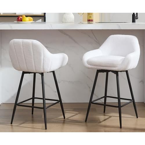 GarveeHome Modern Swivel Bar Stools Set of 2, 26 in Counter Height Bar Stools for Kitchen Island, Upholstered Sherpa Fabric Barstools Island Chairs wi