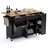 ONBRILL Kitchen Island with Storage, Island Table with Drop Leaf and Power Outlet, Kitchen Island on Wheels with Trash Cabinet, Spice Rack & Towel Rack, Black