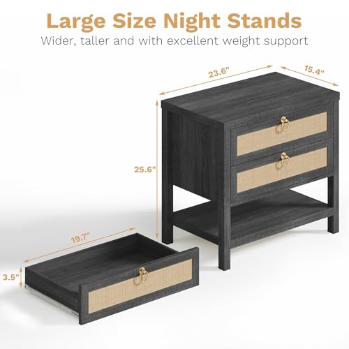 Image of Eclatara Large Rattan Night Stands:Boho Nightstand with Drawers and Storage Shelf,Black Oak Bedside Table End Table Side Table for Bedroom(Black Oak,1 Piece)