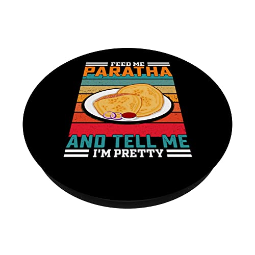 Funny Retro Feed Me Paratha Saying - Indian Foodie PopSockets Swappable PopGrip, Black - Image 2