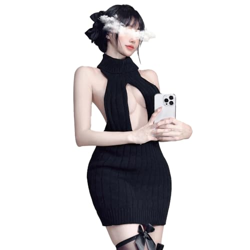 情人节 フリーサイズ サイズ 童貞を殺すセーター セーター セクシー カップル バックレス 可愛い ニットワンピース 写真撮影 誘惑 素材ポリエステル タートルネック イベント コスプレ ハロウィン セクシー衣装 過激 ノースリーブ 下着