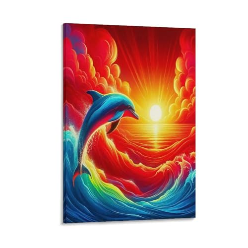 Impression sur toile dauphin au coucher de soleil pour décoration murale de maison 40x60cm
