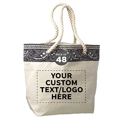 DISCOUNT PROMOS Custom Paisley Pattern Canvas Tote Bags Set of 48, Personalized Bulk Pack - Cool Modern Design, Perfect For Everyday Use - Natural
