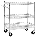 Heavy Duty Utility Cart Wire 3 Tier Rolling Cart Organizer NSF Kitchen Cart on Wheels Metal Serving Cart Commercial Grade with Wire Shelving Liners and Handle Bar for Kitchen Office Hardware,Chrome