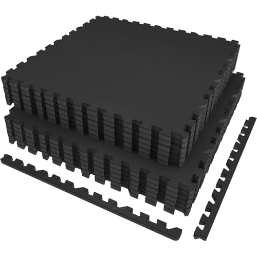AIRHOP 12 pzs 60x60x1,4cm Tapete de Equipamiento de Ejercicio con Superficie de Goma Robusta y Extra Grueso,Tapete de Protección de Suelo en Rompecabezas para Gimnasio y Casa,Tapete Fitness Negro BK