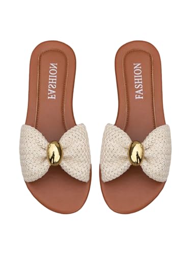 BEAUDRM Women's Pearls Sandals Dressy Flats Summer Casual Flat Sandals