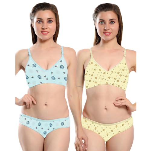 Image of Solid Printed Polka Cotton Bra & Panty Lingerie Set Combo for Women S to 3XL