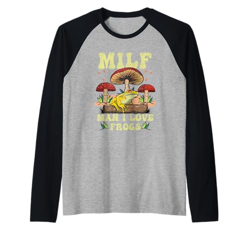 M i l f man i love frogs vintage frog and fungi mushroom raglan baseball tee