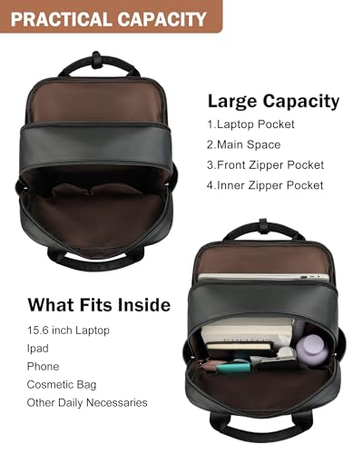 MASINTOR Leather Laptop Backpack for Women, Stylish Computer Backpack College Business Work Shoulder Bags Work and Travel Black3