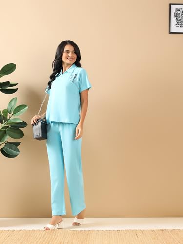Image of Kvetoo Women Solid Tracksuit Set Cotton Lounge Wear Set Half Sleeve Polo T-Shirt & Straight Pant Casual Travel Outfit