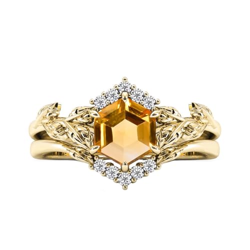 Hexagon Cut Gemstone Engagement Ring Set for Women 10K 14K 18K Gold Vintage 7 MM Gemstone Art Deco Leaf Ring Set Unique Briald Wedding Ring Set Size 3.5-14