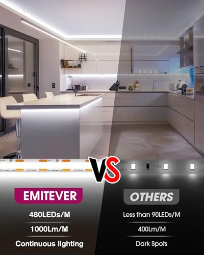 Image of EMITEVER COB LED Strip Lights Cool White 5000K,UL 24V,16.4ft 2400LEDs | Ra 90+,IP30,3W /ft,305+Lumens /ft,5 Year Warranty(Power Supply Sold Separately)for bedroom,living room,kitchen