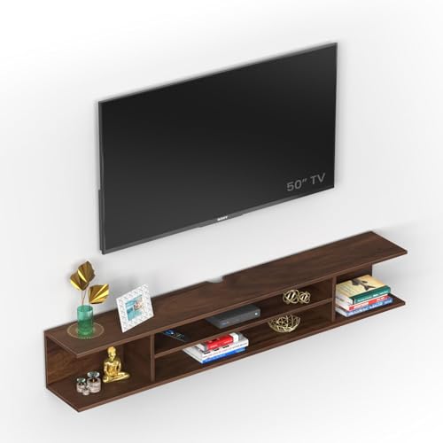 Image of Furniture Cafe Modern Wall Mounted TV Unit - Floating Entertainment Center with Shelves for Set Top Box, Books & Decor - Wooden Media Console for Living Room (Brown)