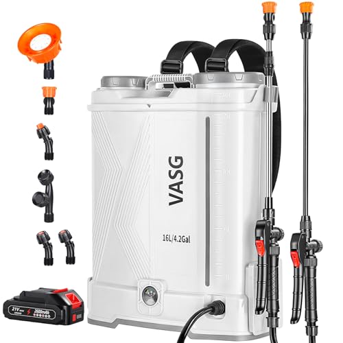 VASG Battery Powered Backpack Sprayer 4 Gallon 21V 2.6Ah Electric Weed Pump Sprayer with 6 Nozzles Telescopic Wand (Stainless Steel + Plastic) for Garden Weed Lawn Yard Clean Charger Included