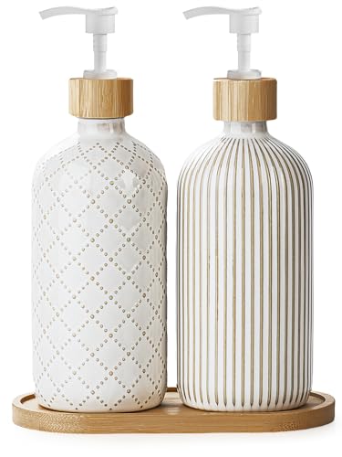 Getstar Hand and Dish Soap Dispenser Set, Ceramic Soap Dispenser for Bathroom and Kitchen with Rust Proof Pump and Tray, Set of 2 (White Pump)