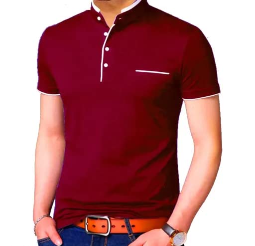 Image of Cotton Mandarian Collar T-Shirt for Men Pack of 1 (Size-S, M, L, XL, XXL)
