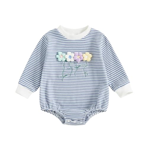 Newborn Baby Girl Romper 3D Flower Fall Winter Clothes Striped Waffle Bubble Sweatshirt Cute Coming Home Outfit