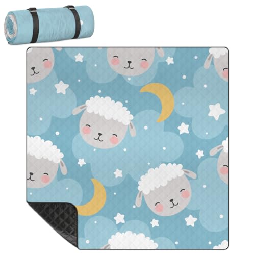 Shimoshe Extra Large Picnic Blankets 79”x 79”, Star Moon Sheep Waterproof Foldable Picnic Mat with Straps Portable Beach Blanket for Camping Park Grass Beach Indoor