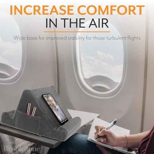 Brookstone, Memory Foam Lap Desk Tablet Holder, Holds Phones, iPads, E-Book Readers, 2 Viewing Angles, 2 Side Pockets for Accessories, Book Holder Cushion, Perfect Home, Car Travel, Flights, Gray