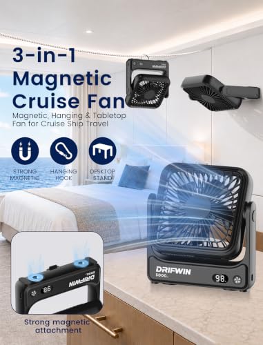 Image of Magnetic Cruise Approved Fan, 5000mAh Ultra-Slim Travel Fan Rechargeable, 4-Speed, Hook Design, Portable Fan for Cruise Ship Cabin, Bedroom Sleeping, Camping, Travel & Cruise Essentials 2026