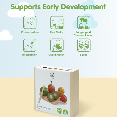 Image of PlanToys 7 Piece Assorted Fruit Kitchen Food Playset (3600) | Sustainably Made from Rubberwood and Non-Toxic Paints and Dyes