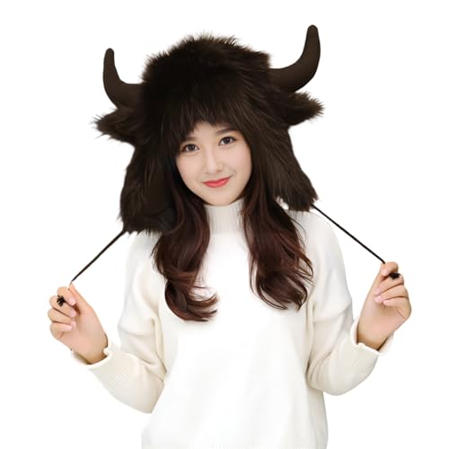 SIQITECHNO Cute Animal Horns Ears Earflap Hat Faux Fur Russian Hat Plush Buffalo Cap Funny Viking Trapper Trooper Cap