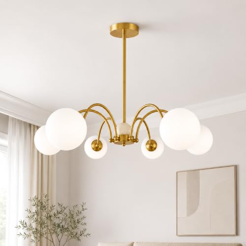 HUA QIANG WANG Gold Chandelier 6-Light Modern Globe Hanging Light with Frosted Glass Globe Marble Decor E27 Pendant Ceiling Lamp for Dining Room Living Room Bedroom Bulbs Not Included
